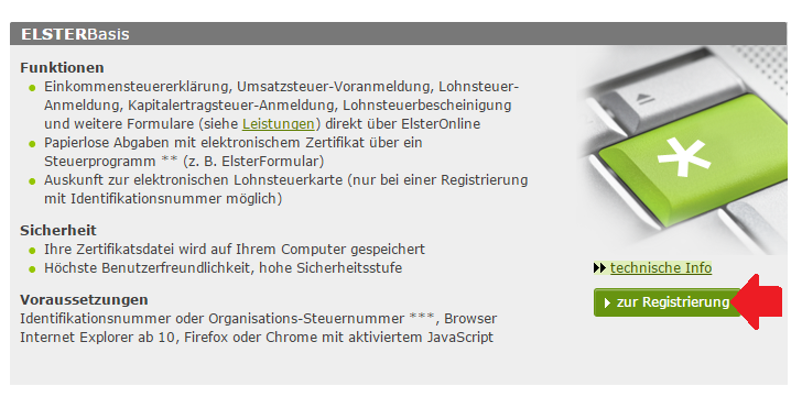 Registrierung zur Elster Steuererklärung