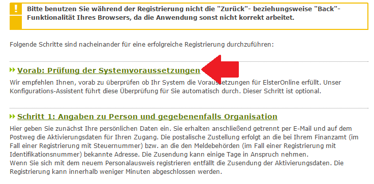 Registrierung zur Elster Steuererklärung