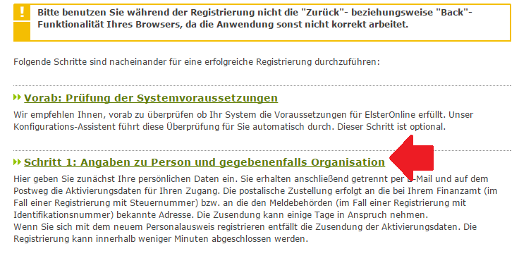 Registrierung zur Elster Steuererklärung